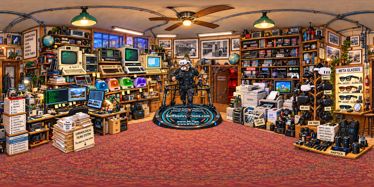 Illustrated panoramic technology workshop with a VR-equipped man on a treadmill